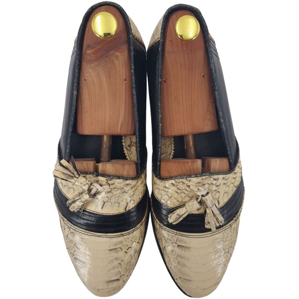 Vintage NEW Exotic Snakeskin 10.5D Dress Shoes Natural Cream Black Tassel Loafer - Picture 2 of 11
